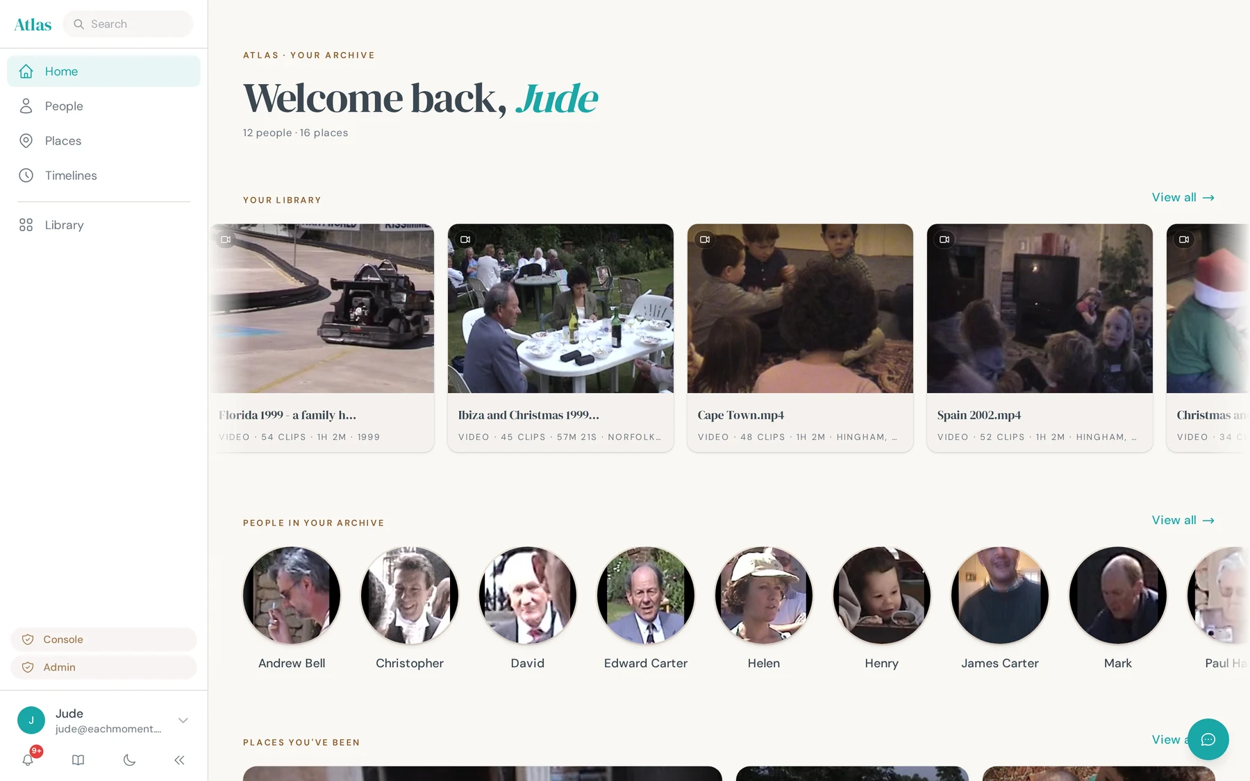 Atlas home — Welcome back, Jude — your library, people and places
