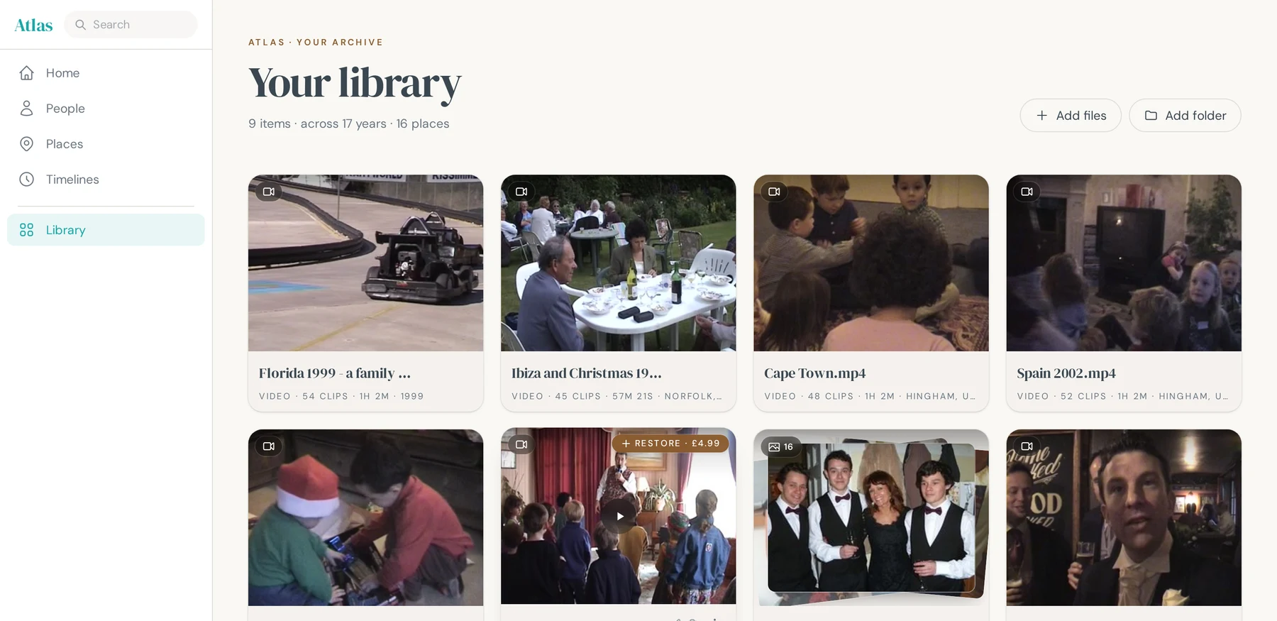 Atlas Library — 9 items across 17 years and 16 places, with thumbnails for Florida 1999, Ibiza, Cape Town, Spain, Zermatt